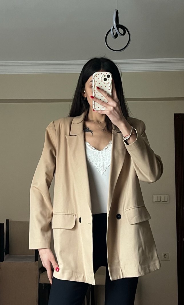 Bej Düğmeli Midi Kadın Blazer Ceket - Görsel 2