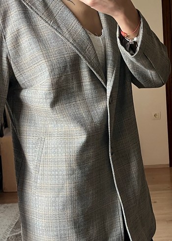 Gri Ekose Desenli Düğmeli Kadın Blazer - Görsel 3