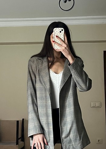 Gri Ekose Desenli Düğmeli Kadın Blazer - Görsel 2