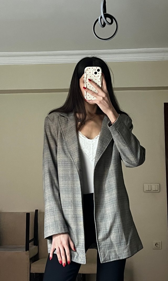 Gri Ekose Desenli Düğmeli Kadın Blazer - Görsel 2