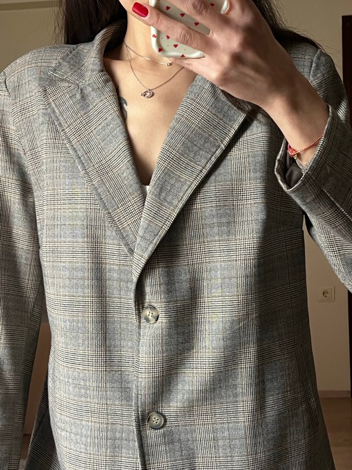 Gri Ekose Desenli Düğmeli Kadın Blazer - Görsel 4