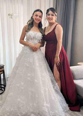xl Beden Bordo V Yaka Nakışlı Uzun Abiye Elbise