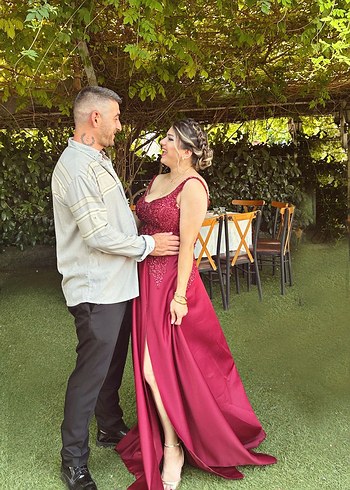 xl Beden bordo Renk Bordo V Yaka Nakışlı Uzun Abiye Elbise