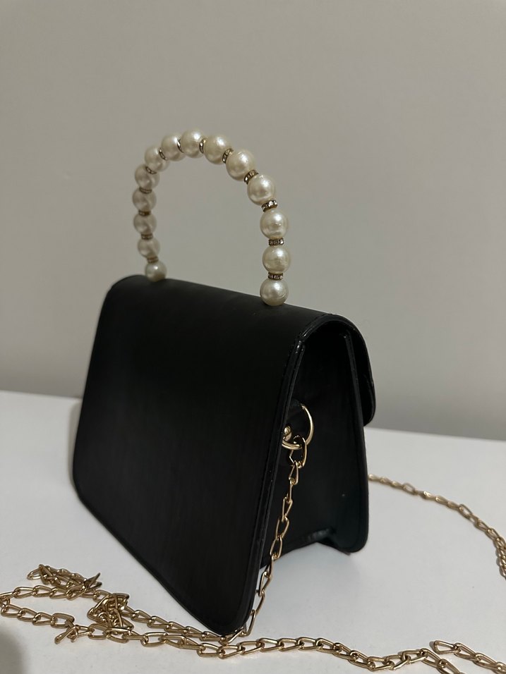 İnci Detaylı Siyah Deri Kadın Çanta - Görsel 3