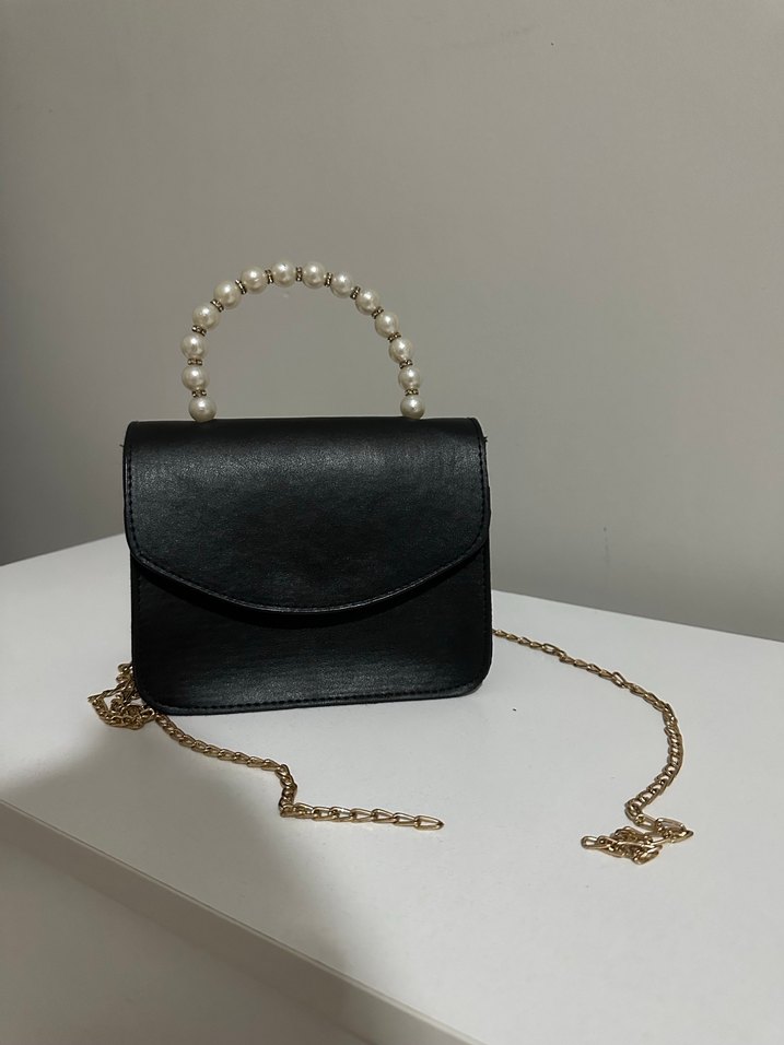 İnci Detaylı Siyah Deri Kadın Çanta - Görsel 4