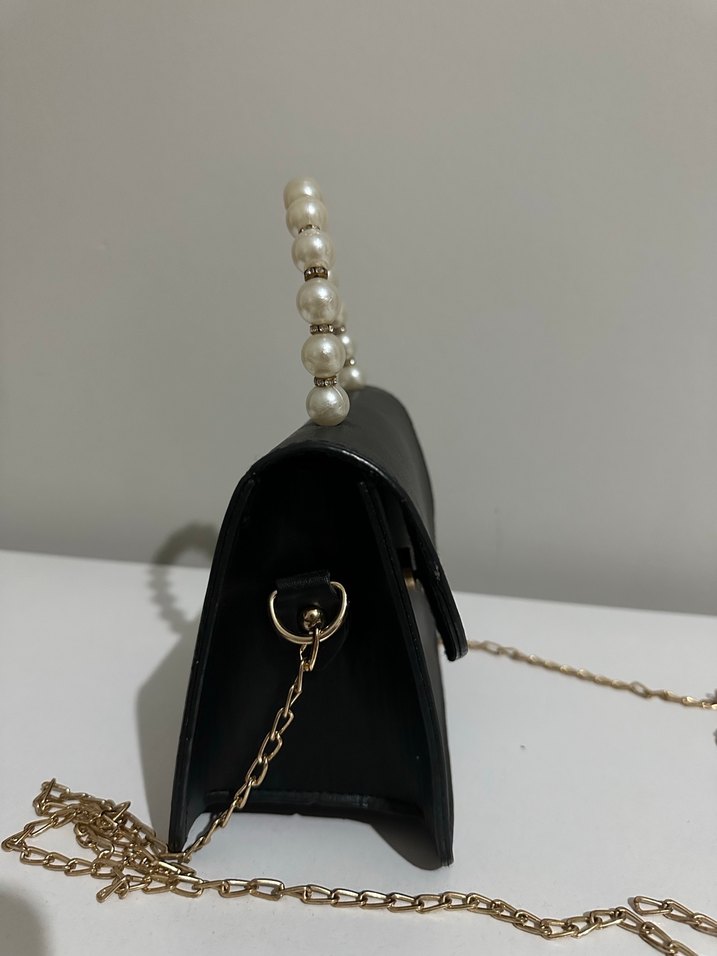 İnci Detaylı Siyah Deri Kadın Çanta - Görsel 2