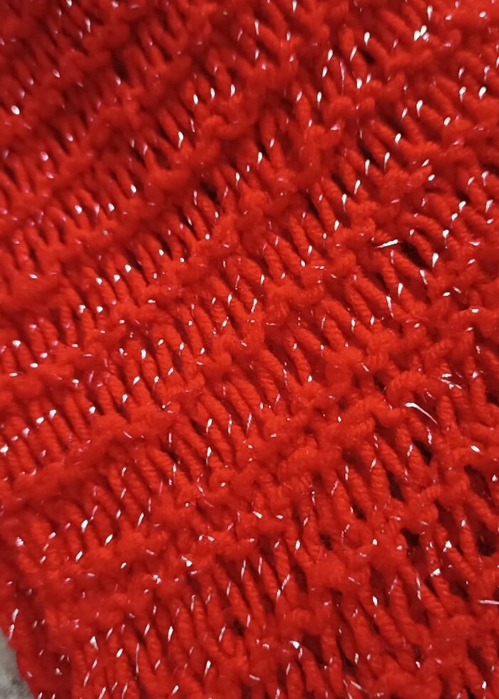 kırmızı simli atkı el örgüsü  - Görsel 2