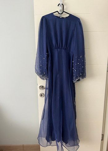 Mavi Drapeli Uzun Kollu Abiye Elbise - Görsel 2