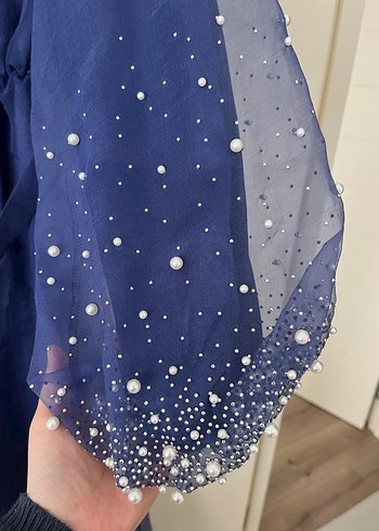 Mavi Drapeli Uzun Kollu Abiye Elbise - Görsel 4