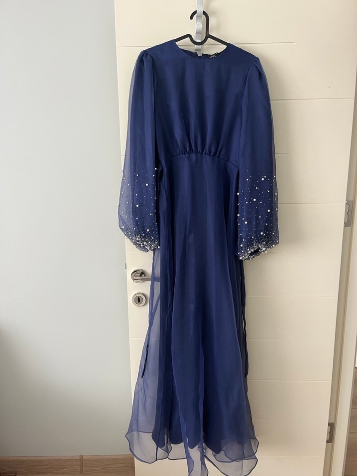 Mavi Drapeli Uzun Kollu Abiye Elbise - Görsel 2