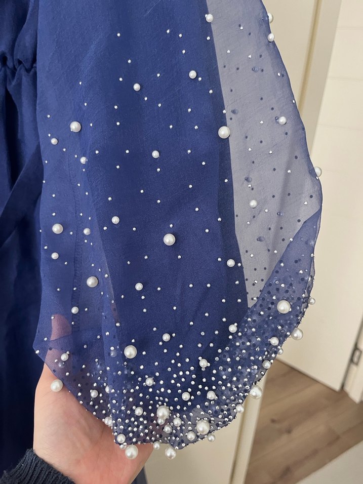 Mavi Drapeli Uzun Kollu Abiye Elbise - Görsel 4