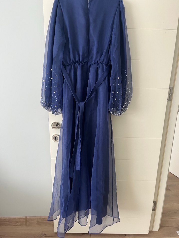 Mavi Drapeli Uzun Kollu Abiye Elbise - Görsel 3