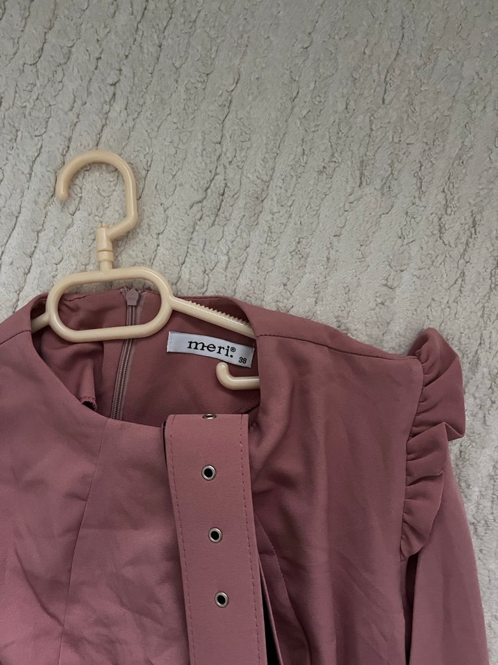 Kemerli pudra Uzun Kollu Uzun Elbise - Görsel 4