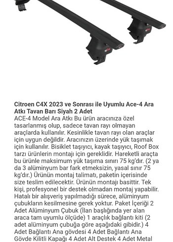 Citroen C4X 2023 ve Sonrası İçin Siyah Tavan Barı 2'li