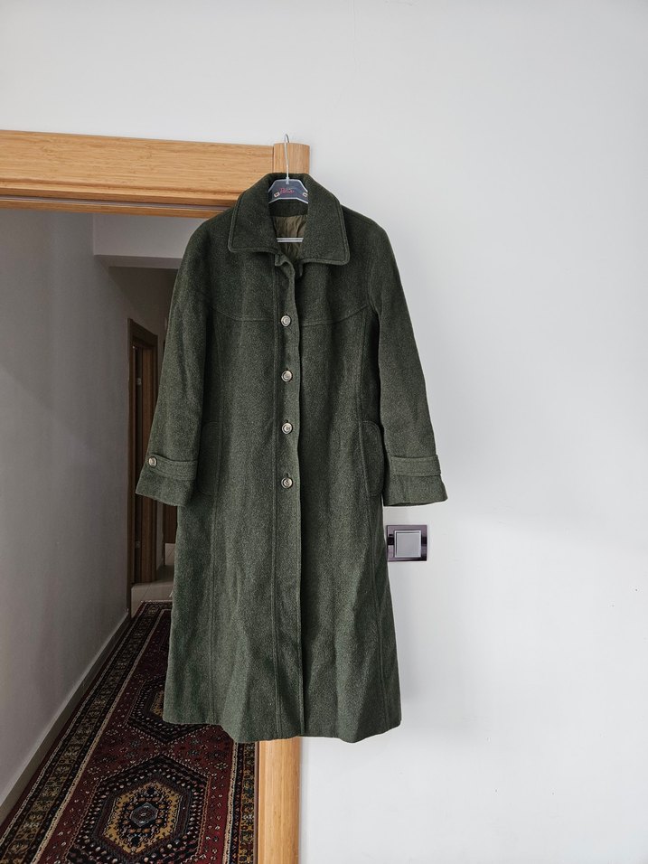 Düğmeli Uzun yeşil Yün Kadın Kaban - Görsel 3