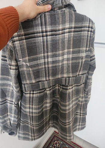 Gri Ekose Düğmeli Midi Kadın Kaban - Görsel 7