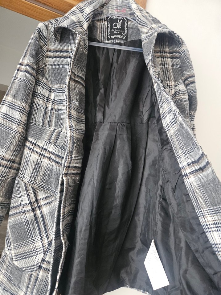 Gri Ekose Düğmeli Midi Kadın Kaban - Görsel 5