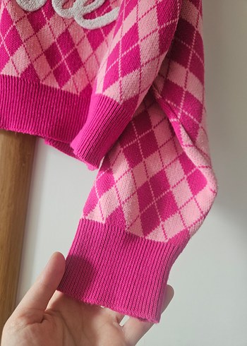 Pembe Nakışlı Örgü Kadın Kazak - Görsel 3