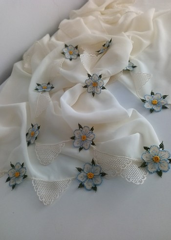 Dantel Detaylı Beyaz Vintage Kadın Fular - Görsel 7