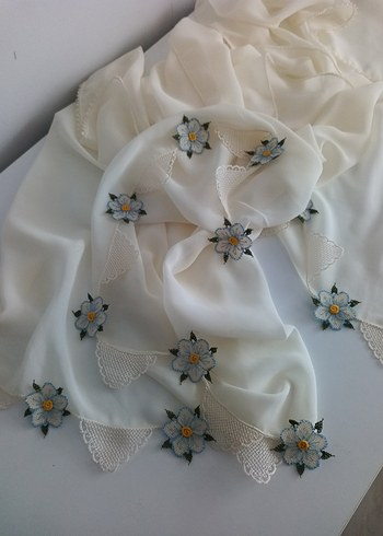 Dantel Detaylı Beyaz Vintage Kadın Fular - Görsel 9