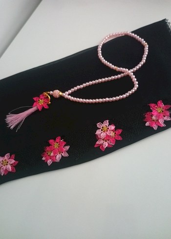 Boncuk İşlemeli Pembe Çiçek Desenli Kadın Şal - Görsel 3