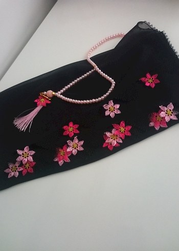 Boncuk İşlemeli Pembe Çiçek Desenli Kadın Şal - Görsel 2