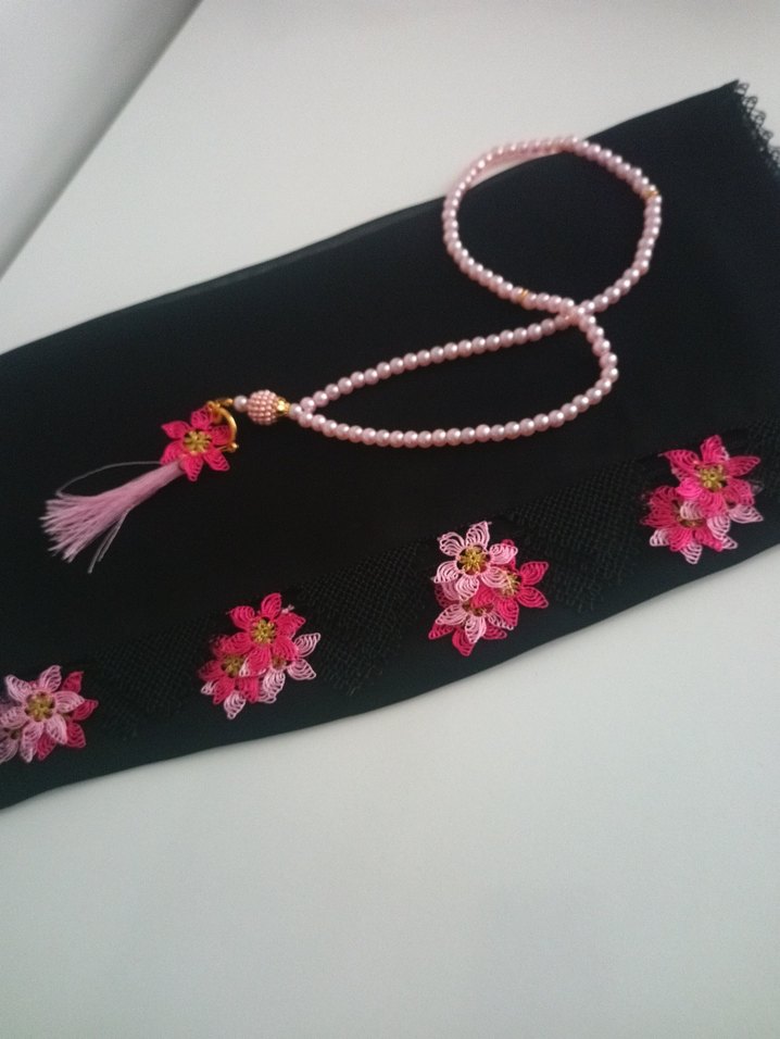 Boncuk İşlemeli Pembe Çiçek Desenli Kadın Şal - Görsel 3