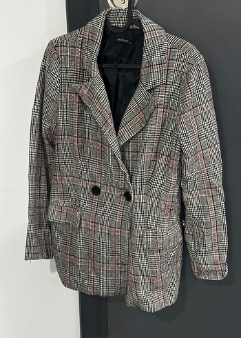 Düğmeli Gri Ekose Kadın Blazer Ceket - Görsel 3