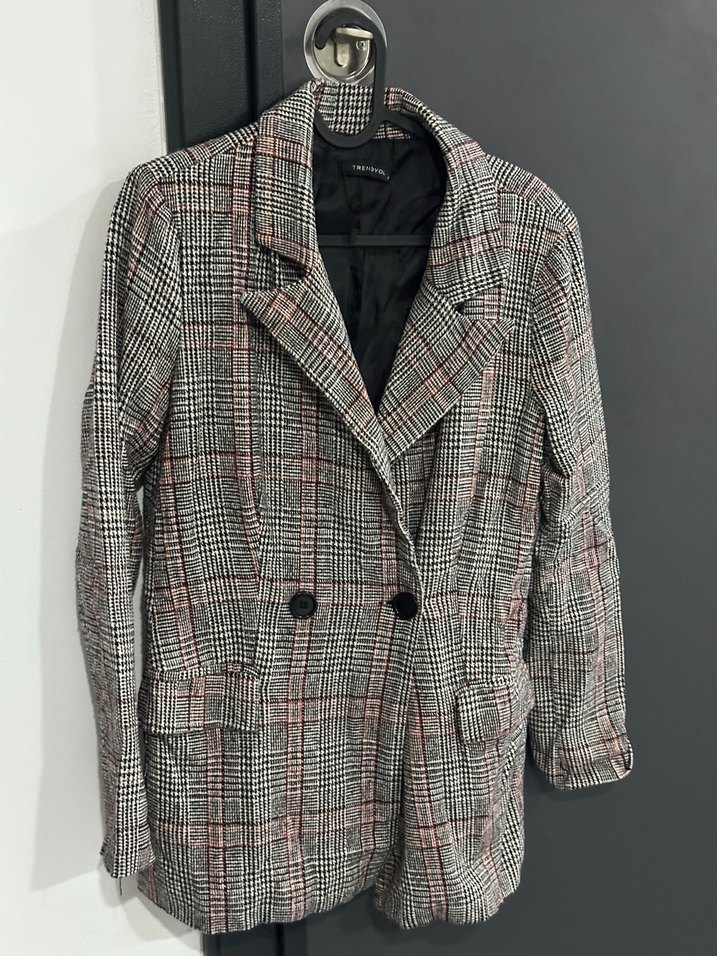 Düğmeli Gri Ekose Kadın Blazer Ceket - Görsel 4