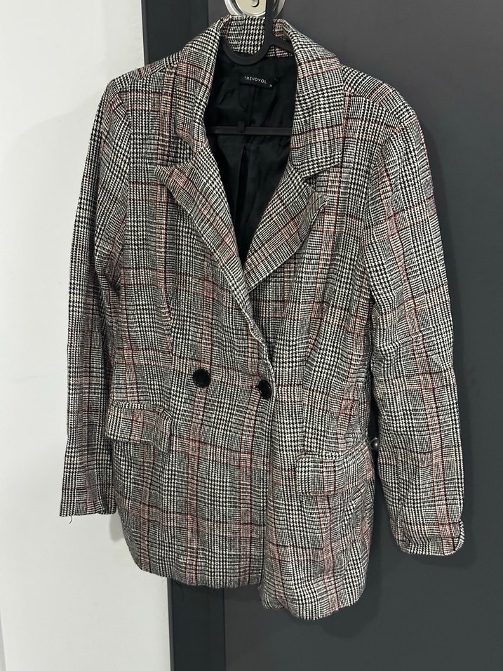 Düğmeli Gri Ekose Kadın Blazer Ceket - Görsel 3