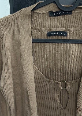 Bej Uzun Kollu Triko Elbise ve Hırka Takımı - Görsel 4
