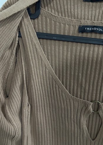 Bej Uzun Kollu Triko Elbise ve Hırka Takımı - Görsel 5