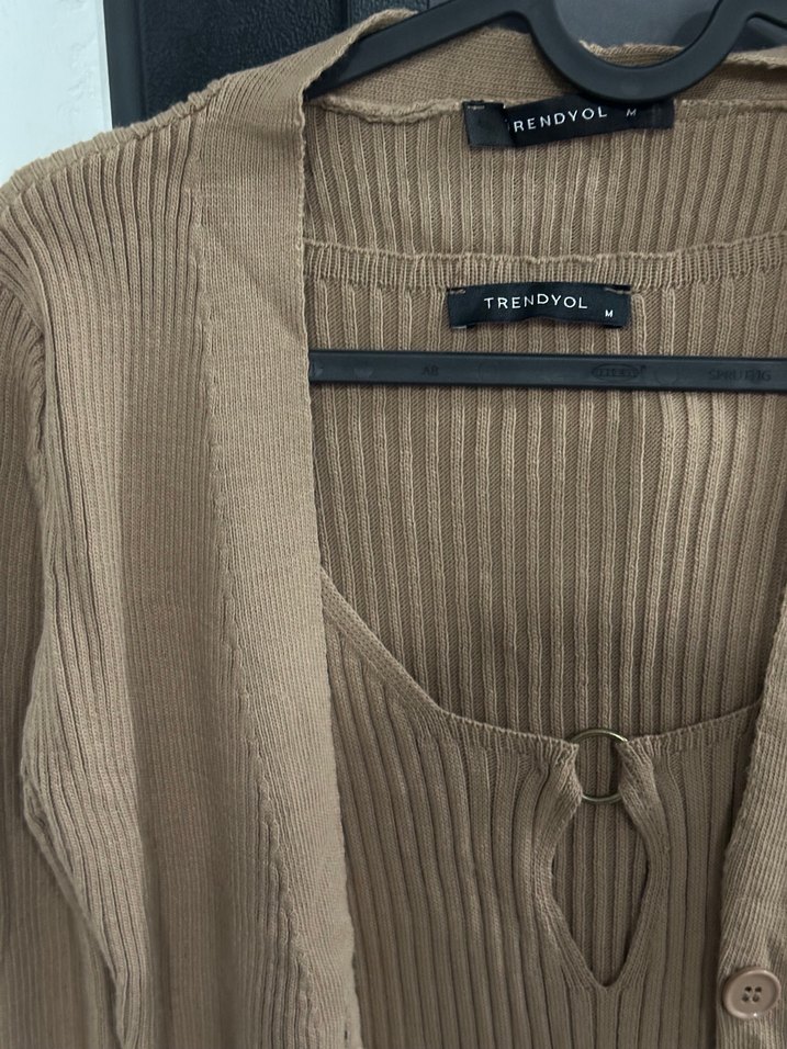 Bej Uzun Kollu Triko Elbise ve Hırka Takımı - Görsel 4