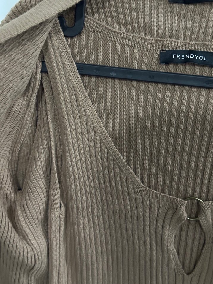 Bej Uzun Kollu Triko Elbise ve Hırka Takımı - Görsel 5