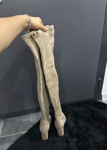 Bej Süet Diz Üstü Topuklu Çizme - Görsel 3