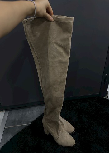 Bej Süet Diz Üstü Topuklu Çizme - Görsel 7
