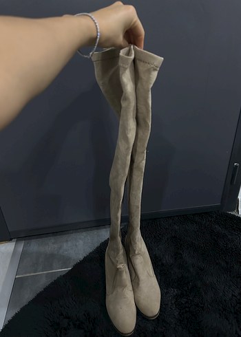 Bej Süet Diz Üstü Topuklu Çizme - Görsel 6