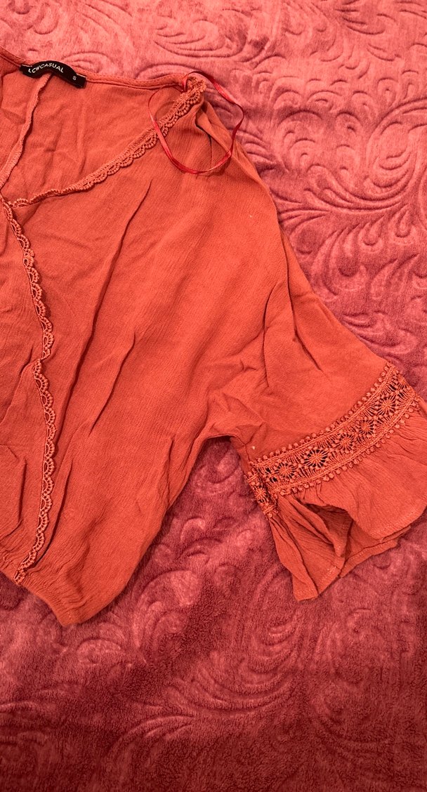 Kiremit rengi Nakışlı Bohem Keten Bluz - Görsel 2