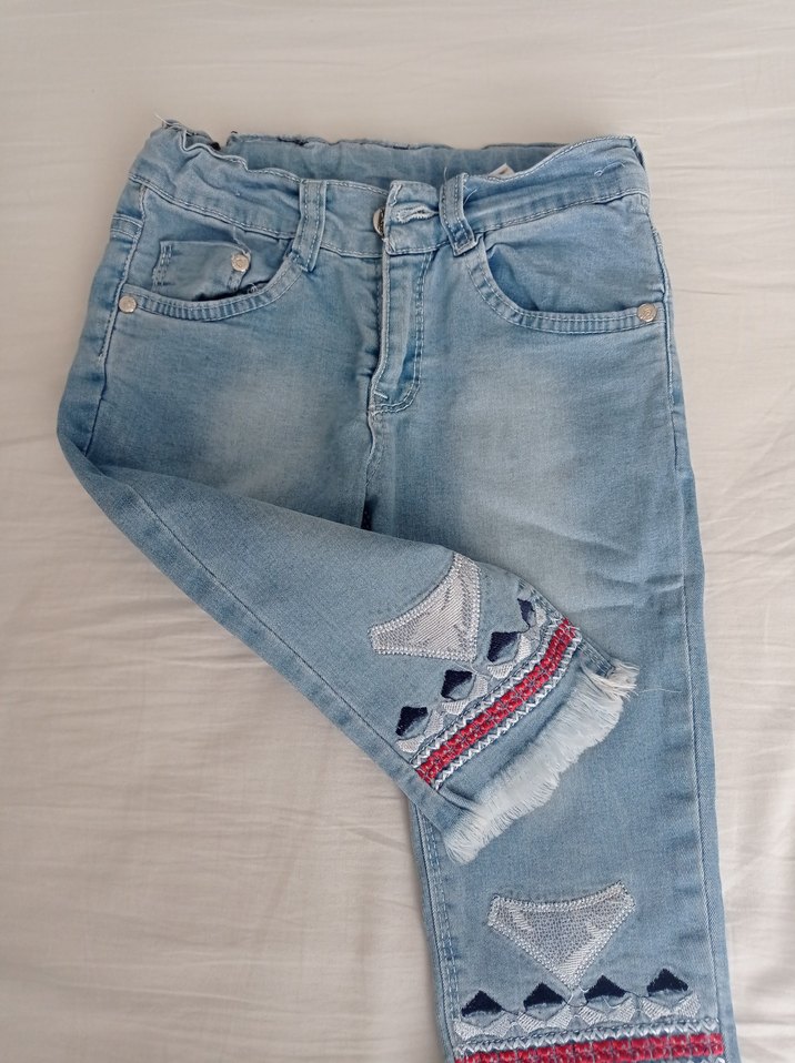 Nakışlı Mavi Kız Çocuk Denim Pantolon - Görsel 2