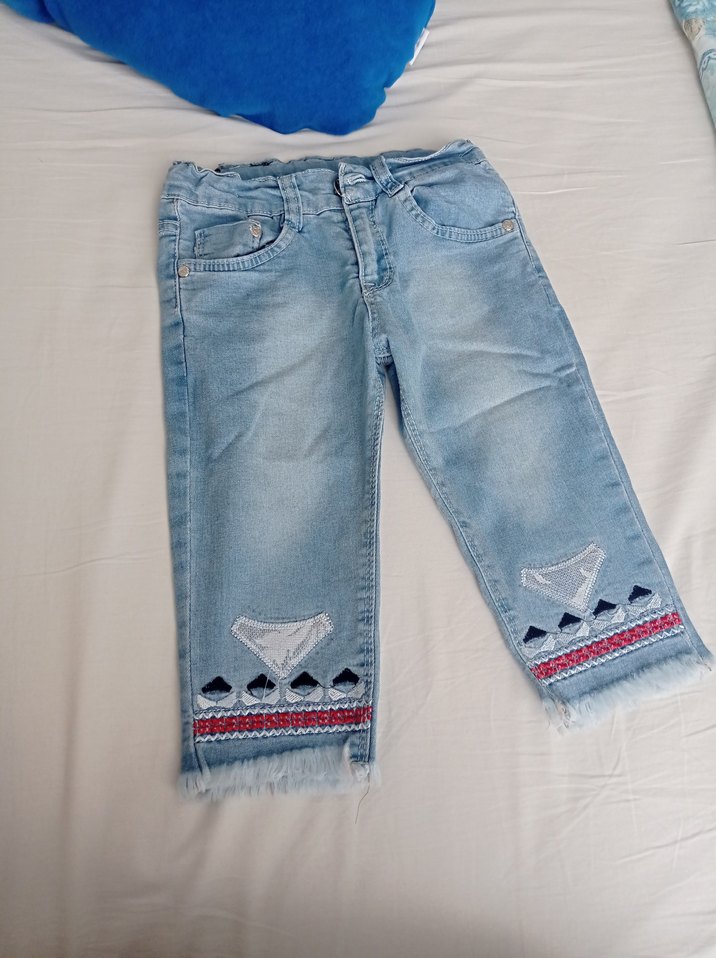 Nakışlı Mavi Kız Çocuk Denim Pantolon - Görsel 4