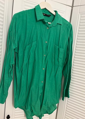 Zara Düğmeli Yeşil Keten Kadın Gömlek tunik - Görsel 4