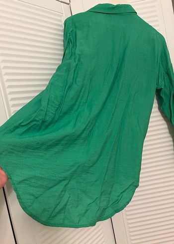 Zara Düğmeli Yeşil Keten Kadın Gömlek tunik - Görsel 10
