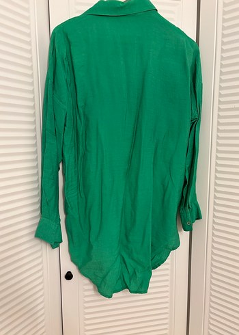 Zara Düğmeli Yeşil Keten Kadın Gömlek tunik - Görsel 6