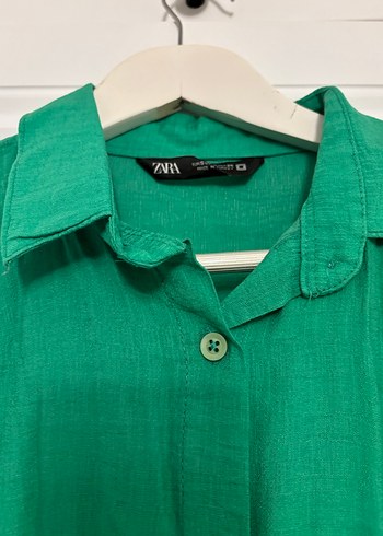 Zara Düğmeli Yeşil Keten Kadın Gömlek tunik - Görsel 13