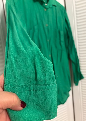 Zara Düğmeli Yeşil Keten Kadın Gömlek tunik - Görsel 11