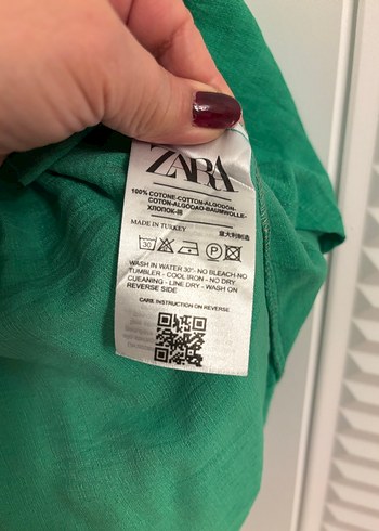 Zara Düğmeli Yeşil Keten Kadın Gömlek tunik - Görsel 8
