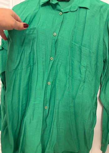 Zara Düğmeli Yeşil Keten Kadın Gömlek tunik - Görsel 12