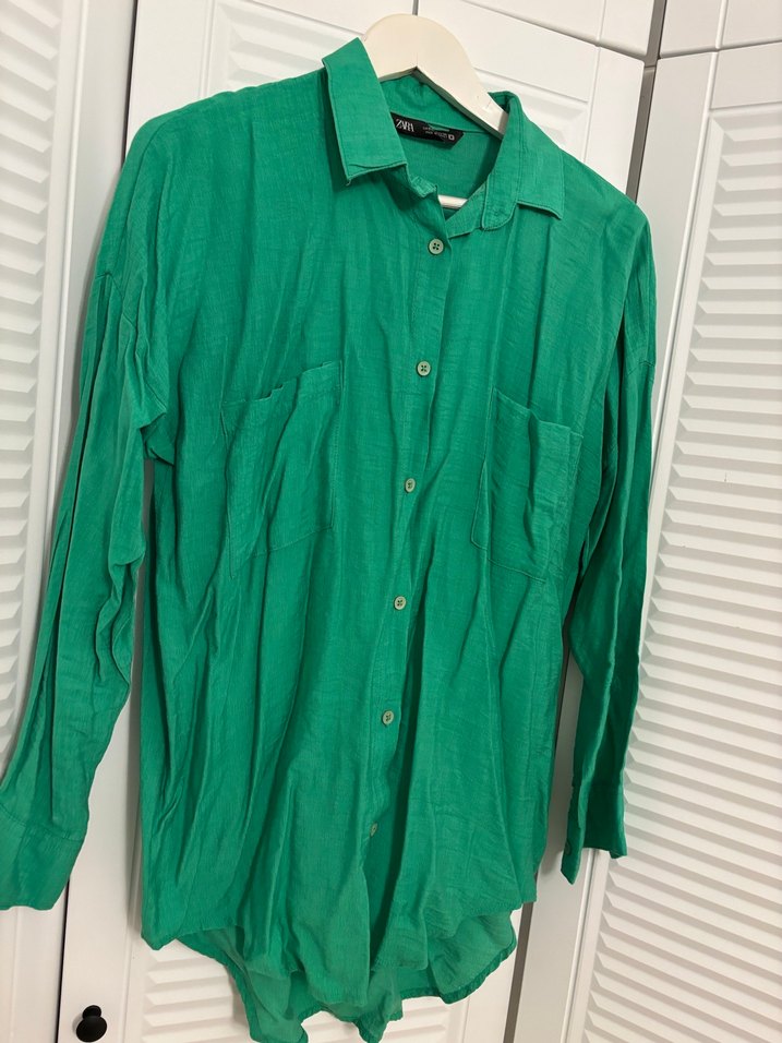 Zara Düğmeli Yeşil Keten Kadın Gömlek tunik - Görsel 4