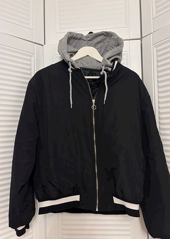 Gri Kapüşonlu Siyah Kadın Fermuarlı Ceket - Görsel 11