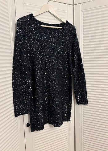 Parlak pullu lacivert Uzun Kollu Kadın Kazak elbise tunik - Görsel 8